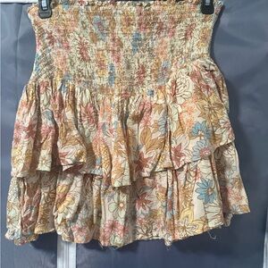 Olivaceous Pink and Green Smocked Tiered Mini Skirt